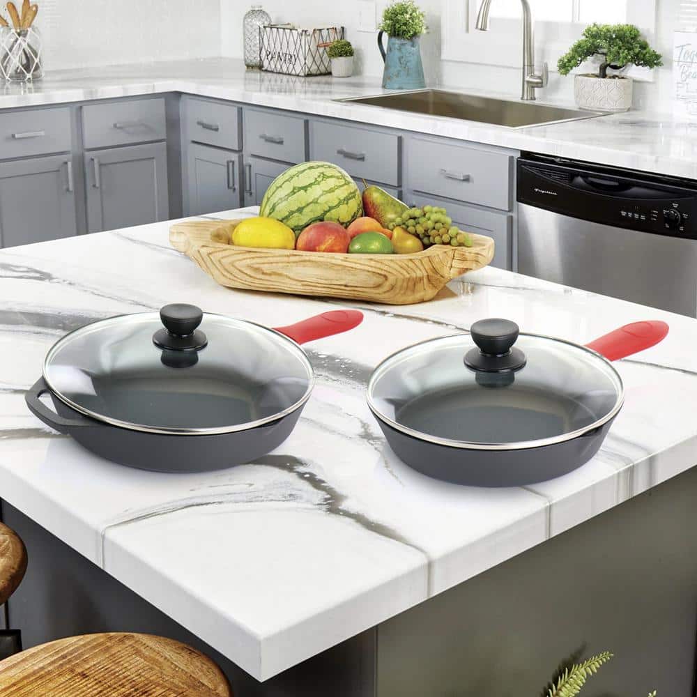 Pre-Seasoned 6 Piece Cast Iron Skillet Set with Lids and Red Silicone Holders