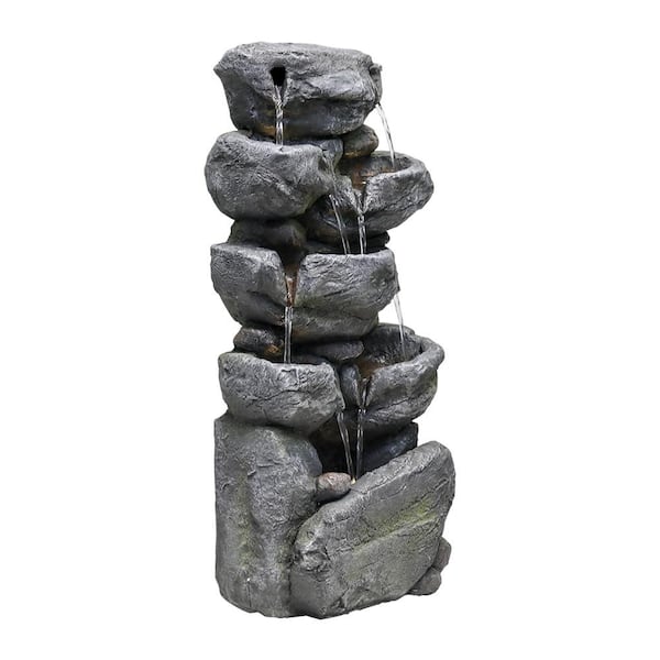 itapo Stacked Rock Fountain with LED Lights - Outdoor Water Fountains Cascading Floor Tiered Water Feature Art Decor