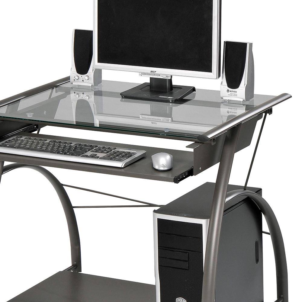 Vincent Pewter Gray Glass Top Computer Cart with Keyboard Tray