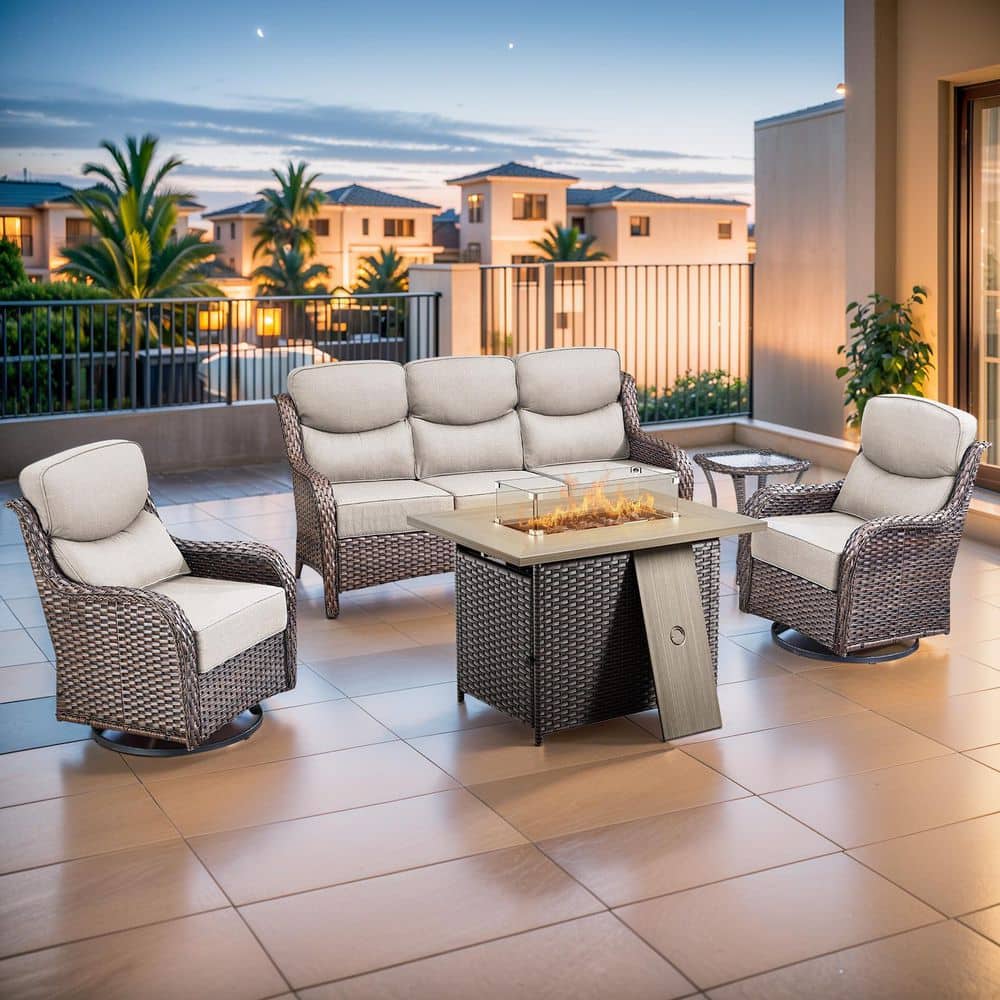 MoonLuxe Brown Wicker Fire Pit Conversation Set with Beige Olefin 6 in. Thick Cushions Patio Swivel Chairs (5-Piece) price history on PriceWatchPro