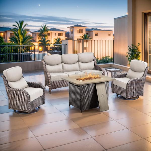 MoonLuxe Brown Wicker Fire Pit Conversation Set with Beige Olefin 6 in. Thick Cushions Patio Swivel Chairs (5-Piece)