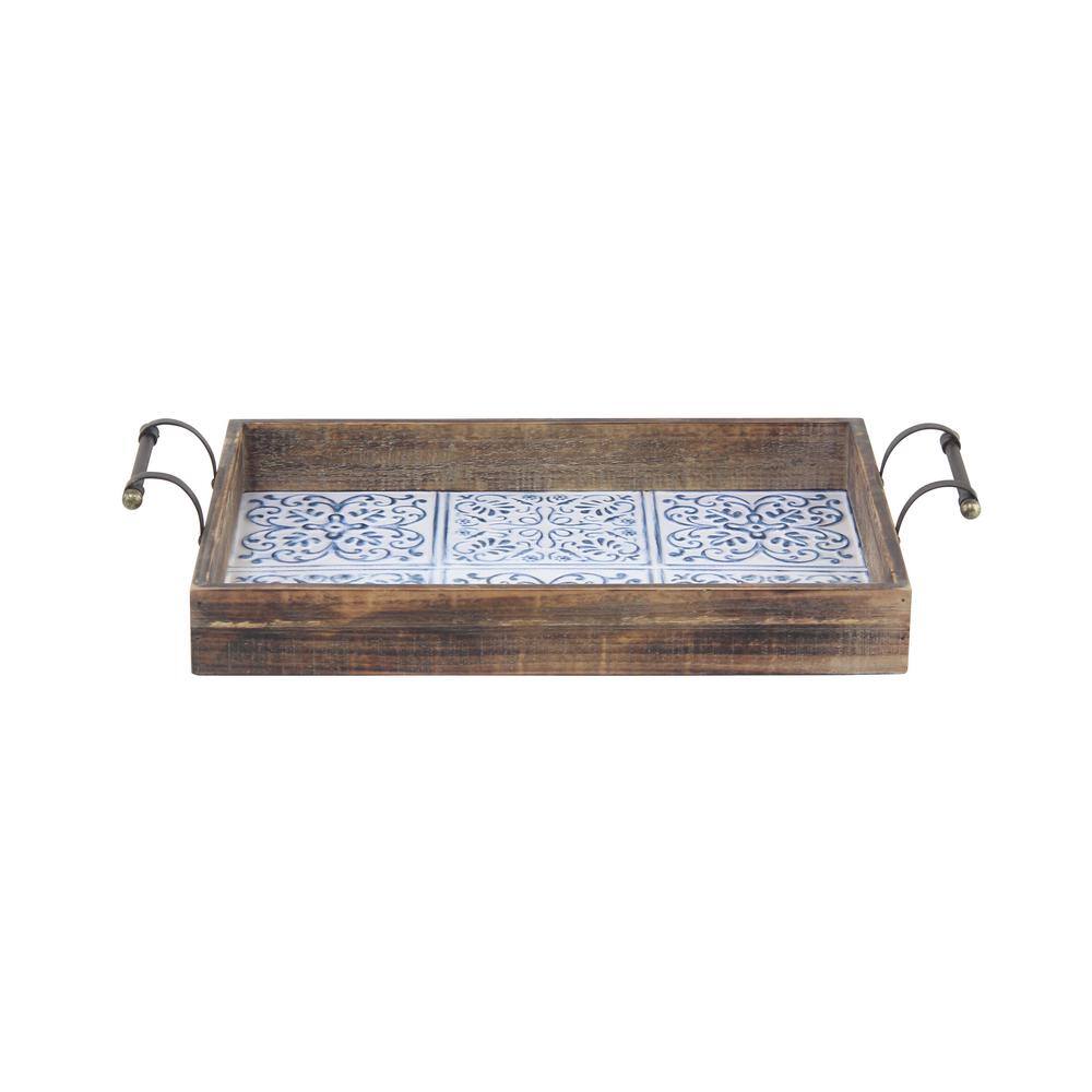 Farmhouse Brown Wood Serving Tray Set with Tile Patterns, 2 Pieces