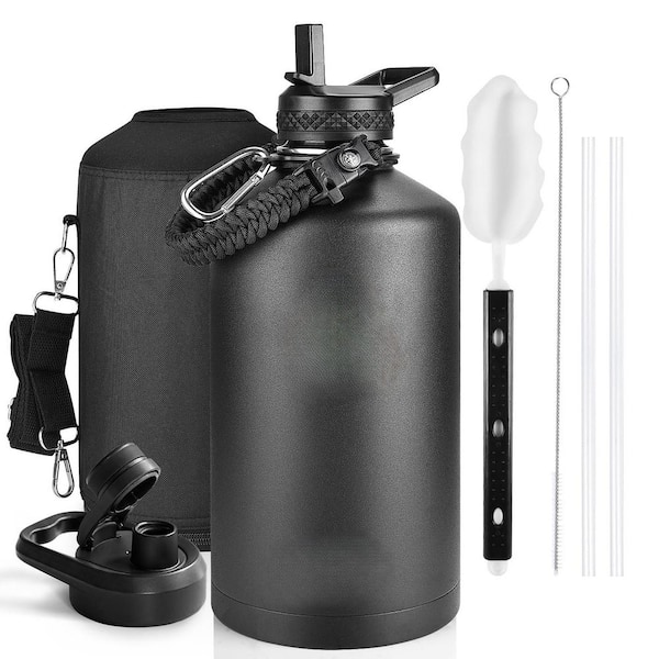 128 oz. Black Stainless Steel Triple-Wall Vacuum Insulated Leak-Proof Water Bottle with Paracord Handle and Lids