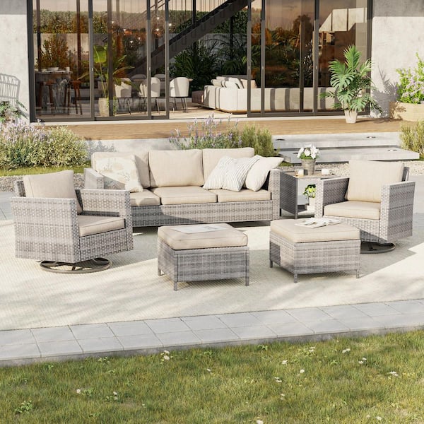 Sonkuki 6-Piece Patio Conversation Set Gray Wicker with Swivel Rocking Chair and Side Table, Linen Flax Beige