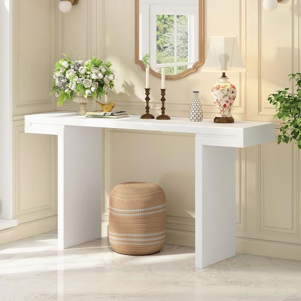 60 in. Geometric Modern Shape White Rectangle MDF Top Console Table with Adjustable Feet