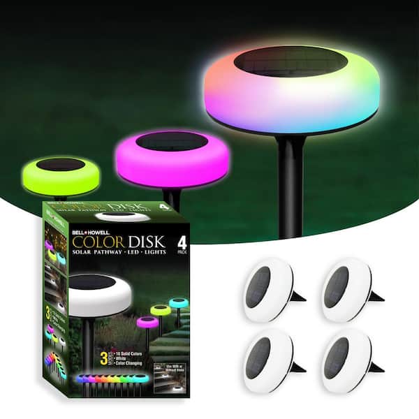 Solar Powered White 3-Modes LED Path Lights Outdoor Landscape Color Changing Disk Pathway (4-Pack)