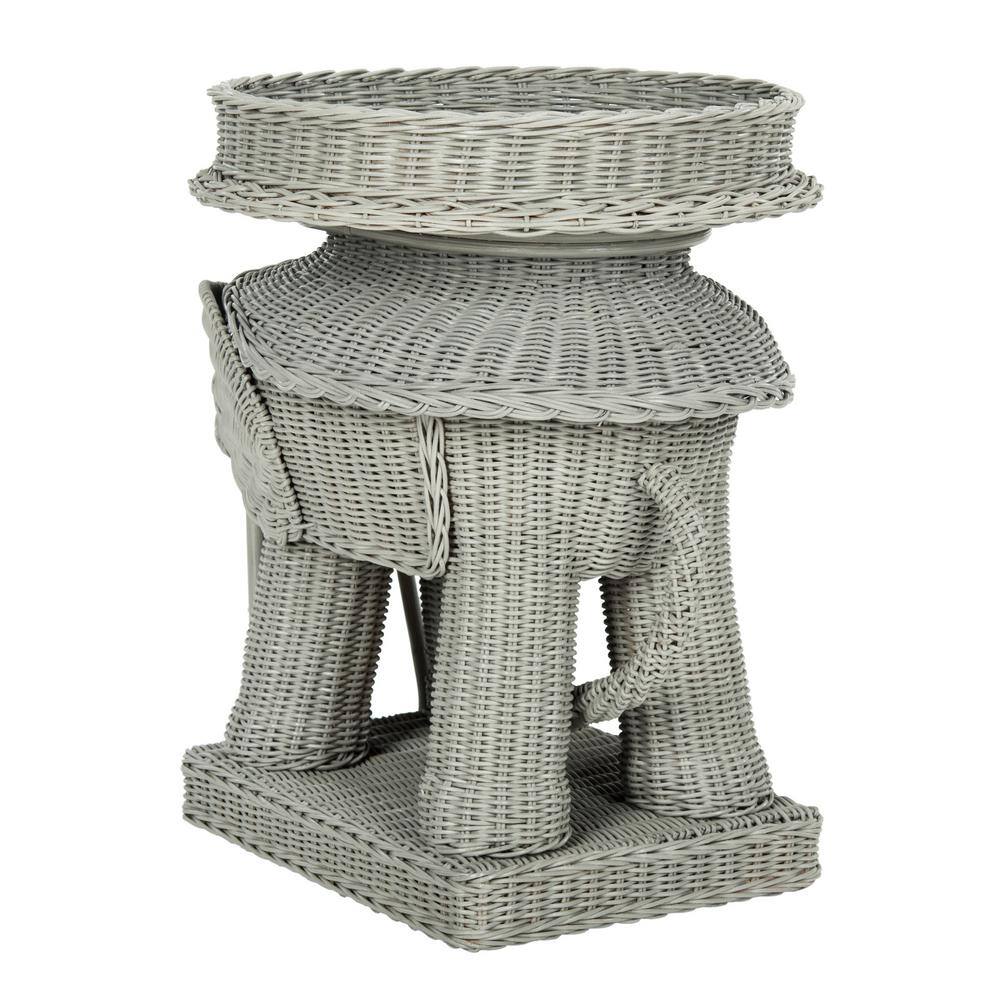 Gray Rattan Elephant Round Storage Accent Table