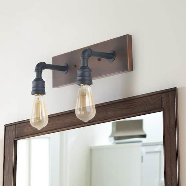 Lnc Black Bathroom Vanity Light 2 Rustic Bronze Metal Wall Lamp Modern Industrial Water Pipe Sconce With Wood Accents A03375 The Home Depot - Rustic Farmhouse Bathroom Vanity Lights