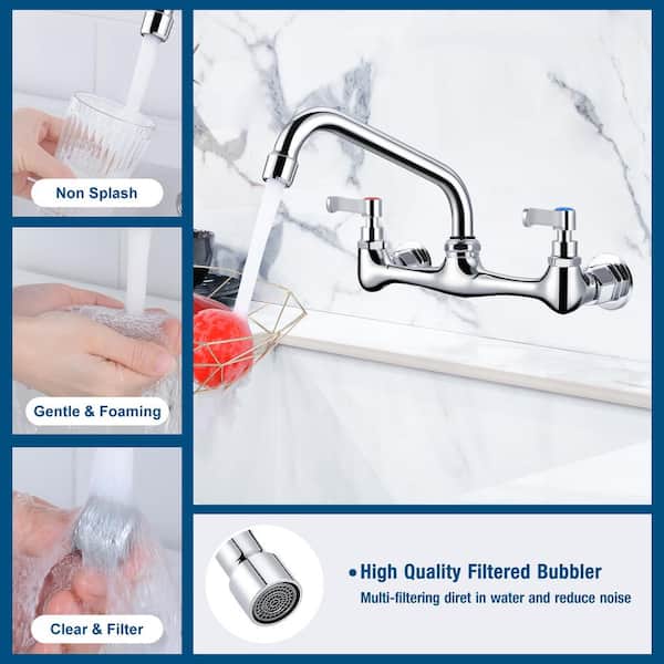 Double Handle Wall Mount Standard Kitchen Faucet With 8 in. Swivel Spout 8 in. Center in Polished Chrome