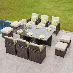 Alisa Aluminum Brown 11-Piece Wicker Outdoor Dining Set with Beige Cushions and Ottmans
