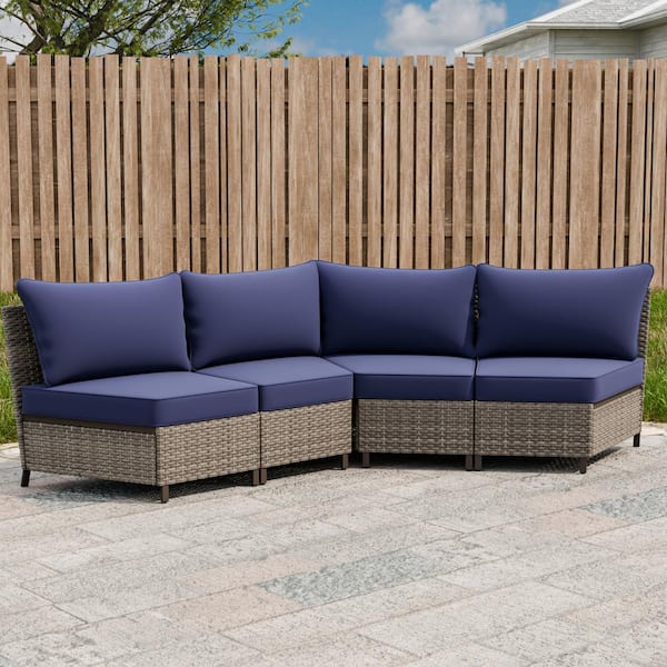 4-Piece Wicker Patio Curved Outdoor Conversation Set, Armless Middle Sectional Sofa with Blue Cushions