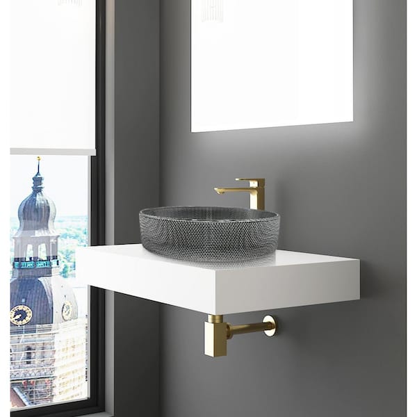 36 in. Wall Mounted Bathroom Countertop Shelf in White Solid Surface with Black Oval Glass Vessel Sink