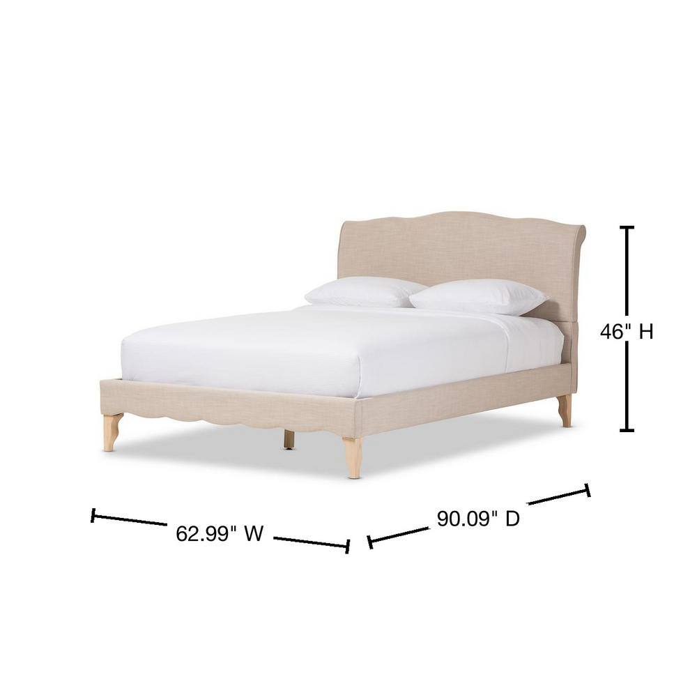 Queen Beige Linen Upholstered Platform Bed with Rubberwood Frame
