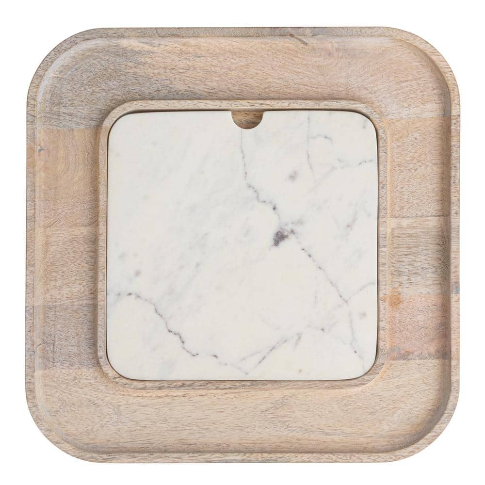 13.5" White Marble and Mango Wood Square Cutting Board Set