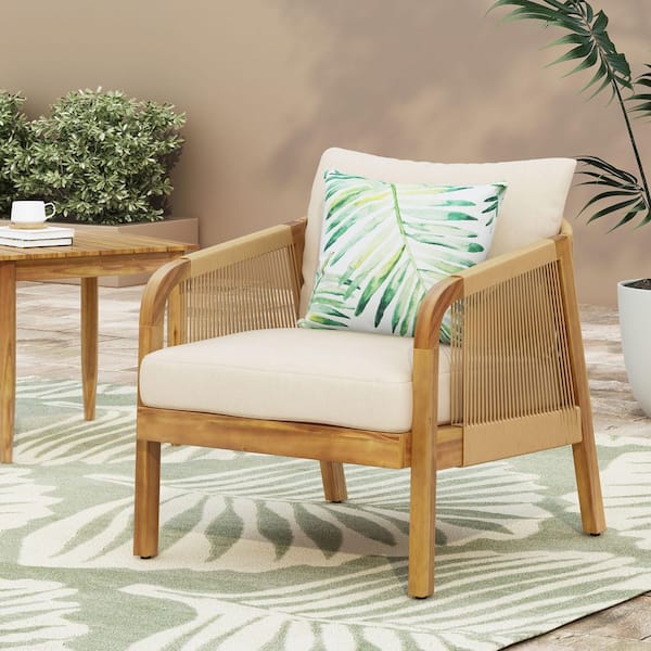 Outdoor Acacia Wood Club Chair with Beige Cushions, for Garden Backyard Porch Balcony