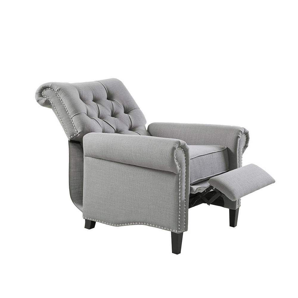Elegant Gray Microfiber Recliner with Tufted Back and Bronze Nailhead Trim