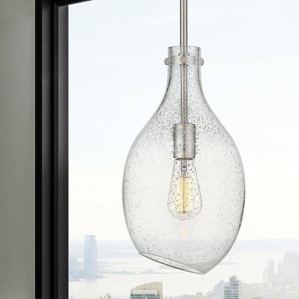 Brushed Satin Nickel Mini Pendant with Seedy Glass Shade