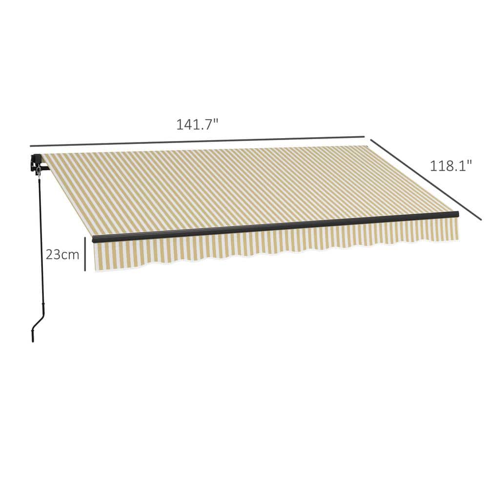 Beige and White Retractable Patio Awning with Manual Crank
