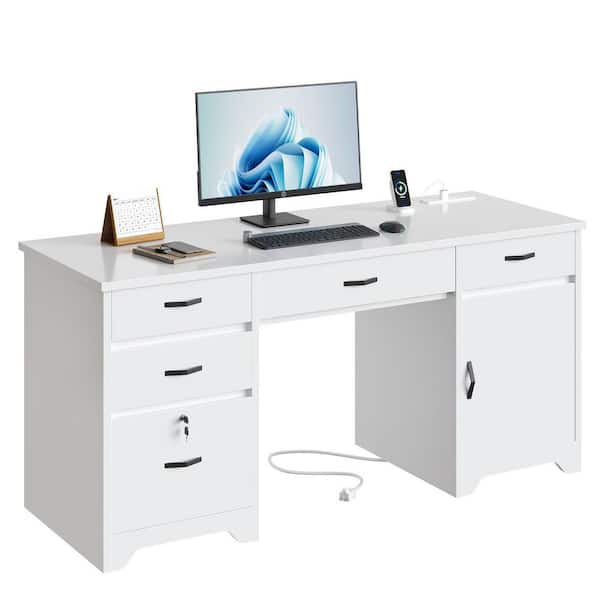 59 in. Rectangular White Executive Desk with Lockable File Drawer and Power Outlet Office Desk 2-in-1 Keyboard Drawer