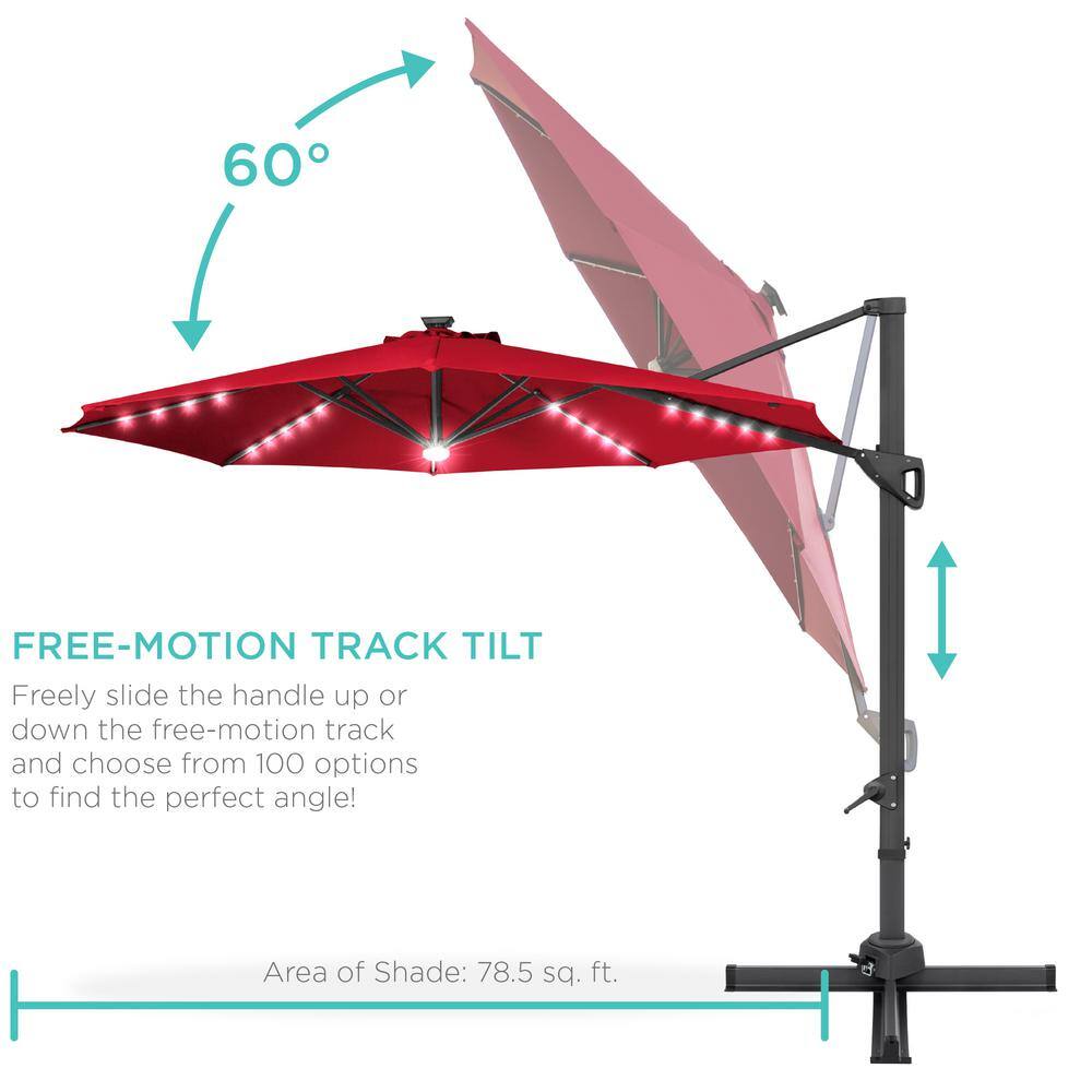 Red Solar LED Cantilever Patio Umbrella with Powder-Coated Aluminum Pole