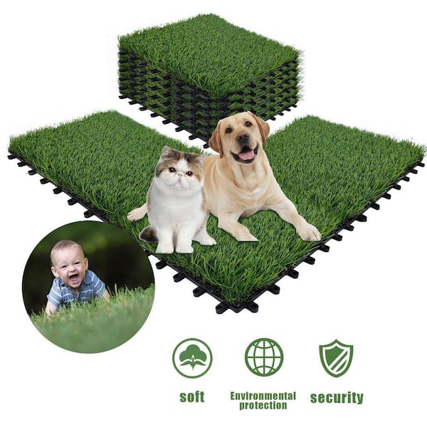 12 in. Green Interlocking Artificial Grass Tiles 54 PCS Fake Grass Deck Flooring Set for Patio Balcony Backyard