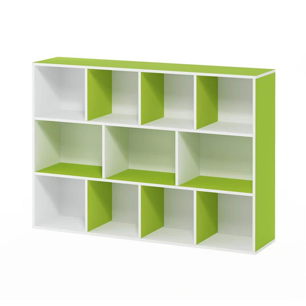 Contemporary White & Light Green Wood 11-Cube Kids Storage Shelf