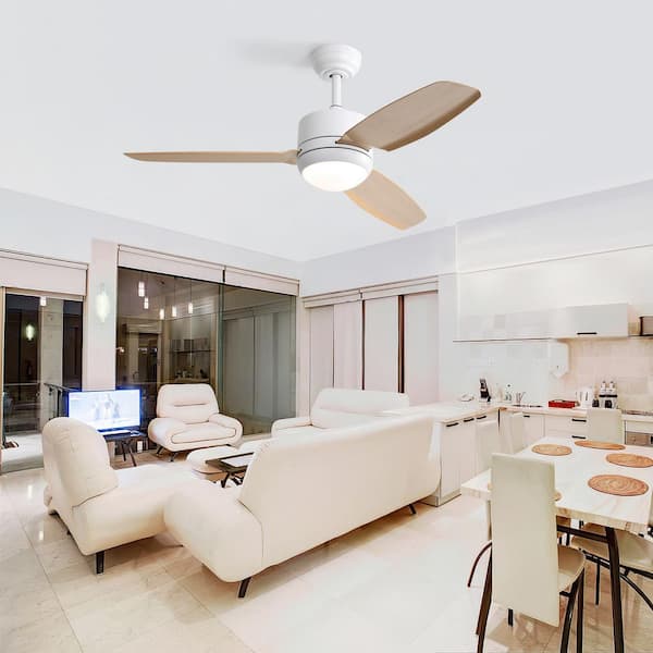 46 in. Indoor/Outdoor White Downrod Modern Ceiling Fan with Integrated LED and 6 Speed DC Remote