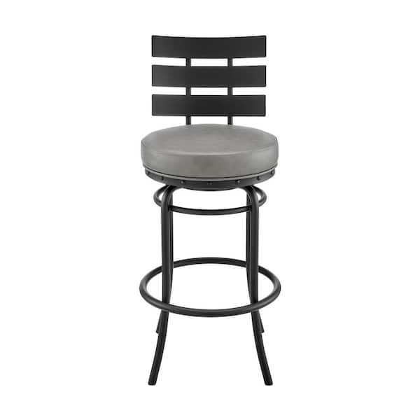 Armen Living Natya 30 in. Grey Low Back Metal Bar Stool with Faux Leather Seat