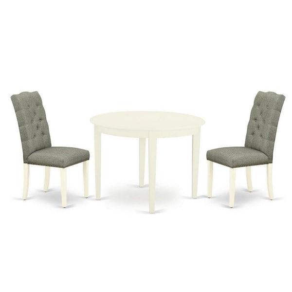East West Furniture 3-Piece Linen White Finish Round Solid Wood Top Dining Table Set