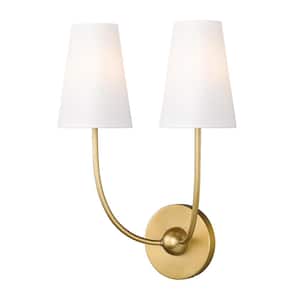 Shannon 12.75 in. 2 Light Rubbed Brass Wall Sconce Light with White Fabric Shade with No Bulbs Included