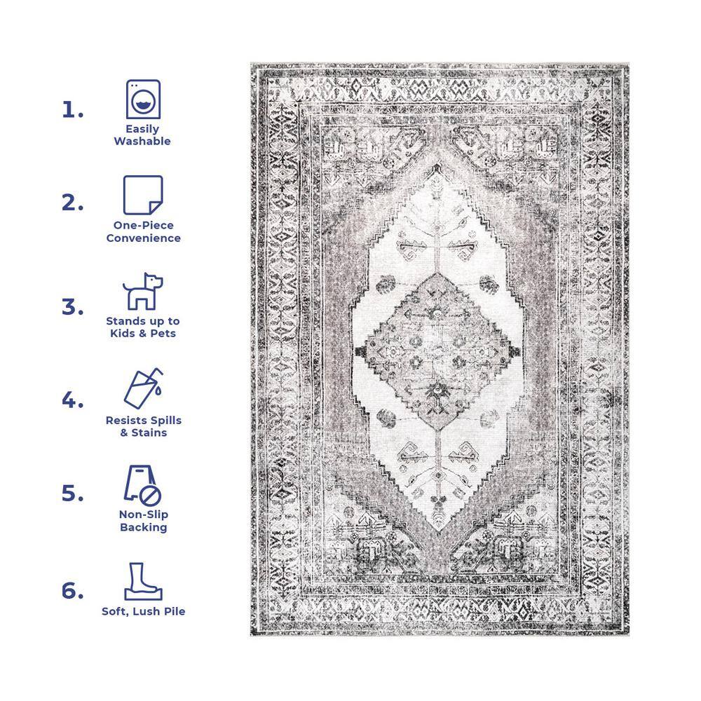 Light Gray Synthetic Medallion Washable Rectangular Area Rug 3' x 5'