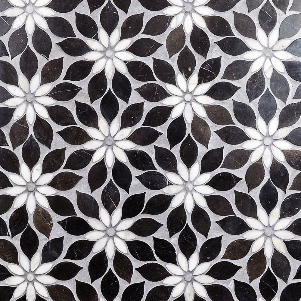 Thistle Black and White Polished Marble Mosaic Tile Sheet