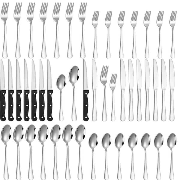 9.05 in. Full Tang 48 Piece Black Stainless Steel Silverware Set for 8, Mirror Finish, Rust-Proof, Dishwasher Safe