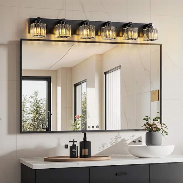 Orillia 43.3 in. 6-Light Black Bathroom Vanity Light with Crystal Shades