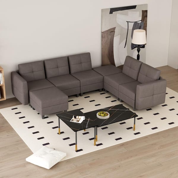 null 103.7 in.W U-Shaped Sofa Square Arm Fabric Modern Storable 5-Seat plus 2 ft.(Dark Brown)