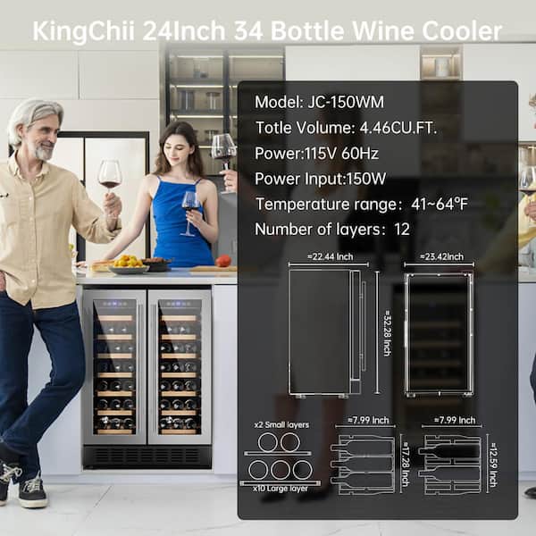 KingChii 24 in. 46 Bottle Compressor Dual Zone Wine Cooler- Built