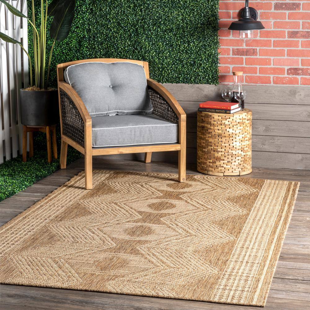 Tribal Geometric Light Brown Indoor/Outdoor Area Rug 7x9