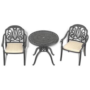 Elizabeth Black 3-Piece Cast Aluminum Outdoor Dining Set with 31.50 in. Round Table and Random Color Seat Cushions