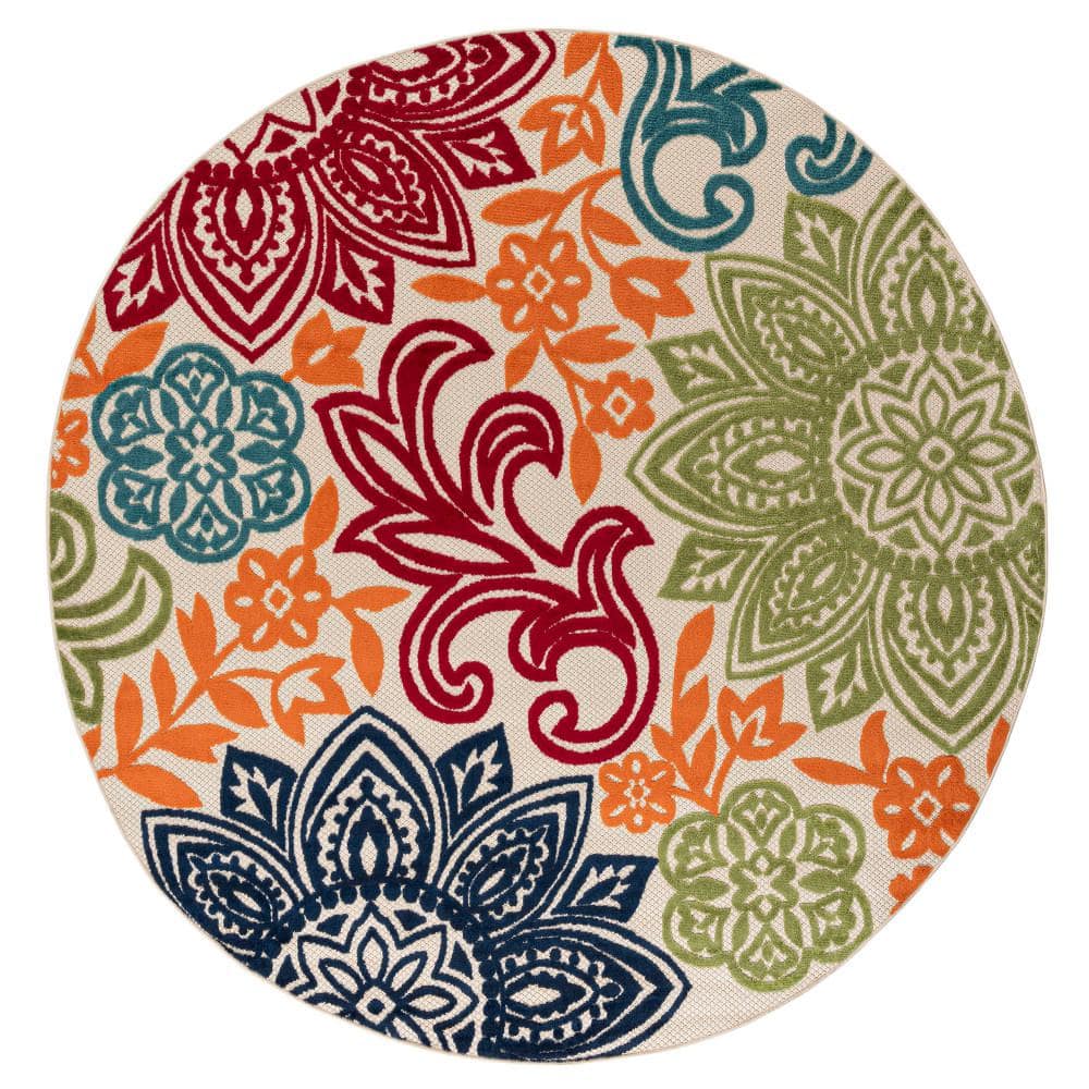 Tayse Rugs Oasis Floral Multi-Color 8 ft. Round Indoor/Outdoor Area Rug ...
