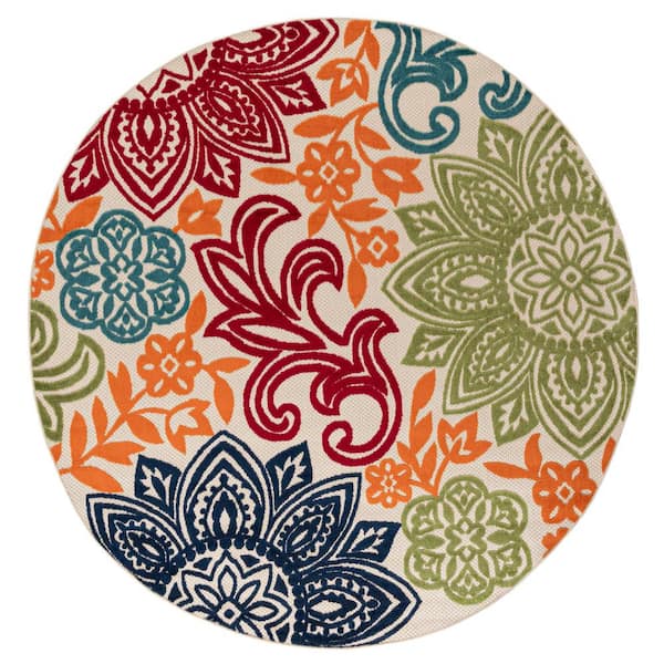 Oasis Floral Multi-Color 8 ft. Round Indoor/Outdoor Area Rug