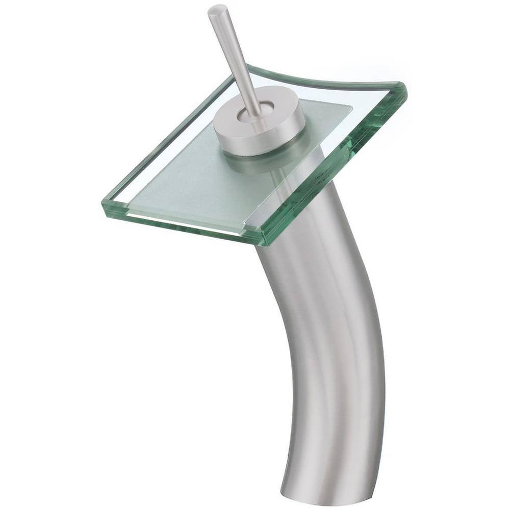 Brushed Nickel and Clear Glass Waterfall Vessel Faucet