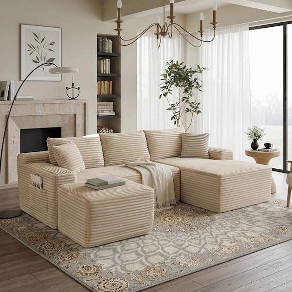 Willa 94.5 in. Square Arms 3-Piece Corduroy Modular Compressed Sectional Sofa in Camel with Ottoman, Right Arm Chaise