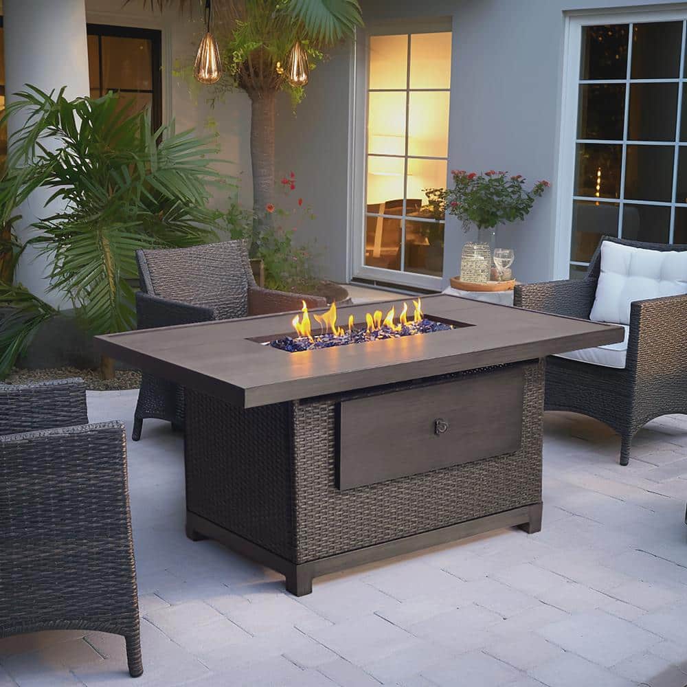 Novi 52" Gray Aluminum and Rattan Gas Fire Pit Table