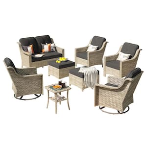 Leila 8-Piece Wicker Patio Conversation Seating Sofa Set with Black Cushions and Swivel Rocking Chairs