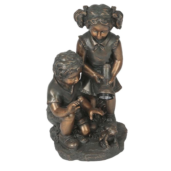LuxenHome Bronze MgO Boy and Girl Garden Statue with Solar Light