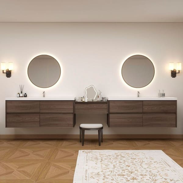 Kingdee 147 in. W x 20 in. D x 26 in. H Double Sink Middle Table Counter Bath Vanity in Red Oak with White Acrylic Top