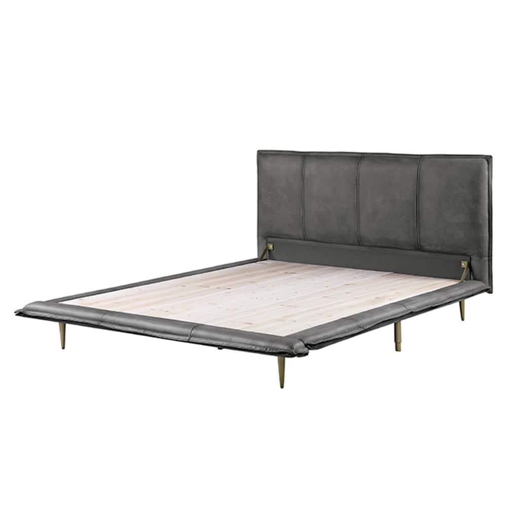 91&#34; Queen Bed Metis Bed Gray Top Grain Leather - Acme Furniture: Modern Industrial Style, Metal Legs, Plush Upholstery