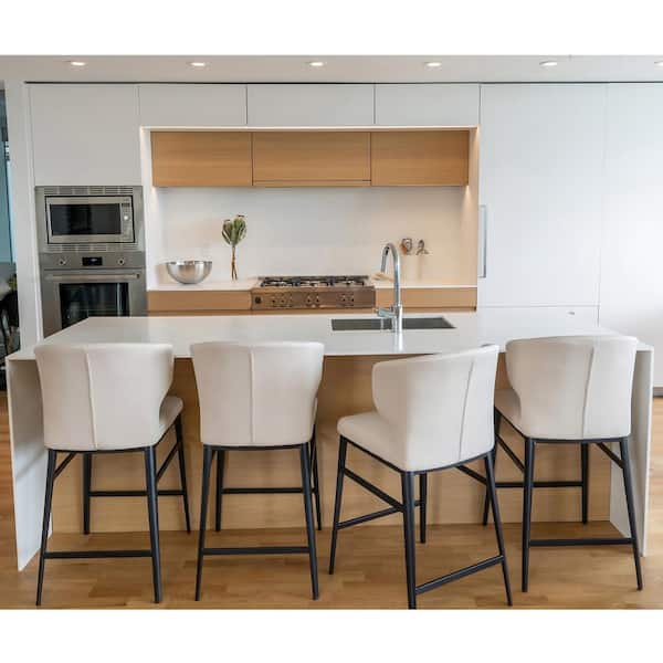 NADAAL STUDIOS Lyra 26 in. Beige Vegan Leather Upholstered Counter Stool with Steel Base