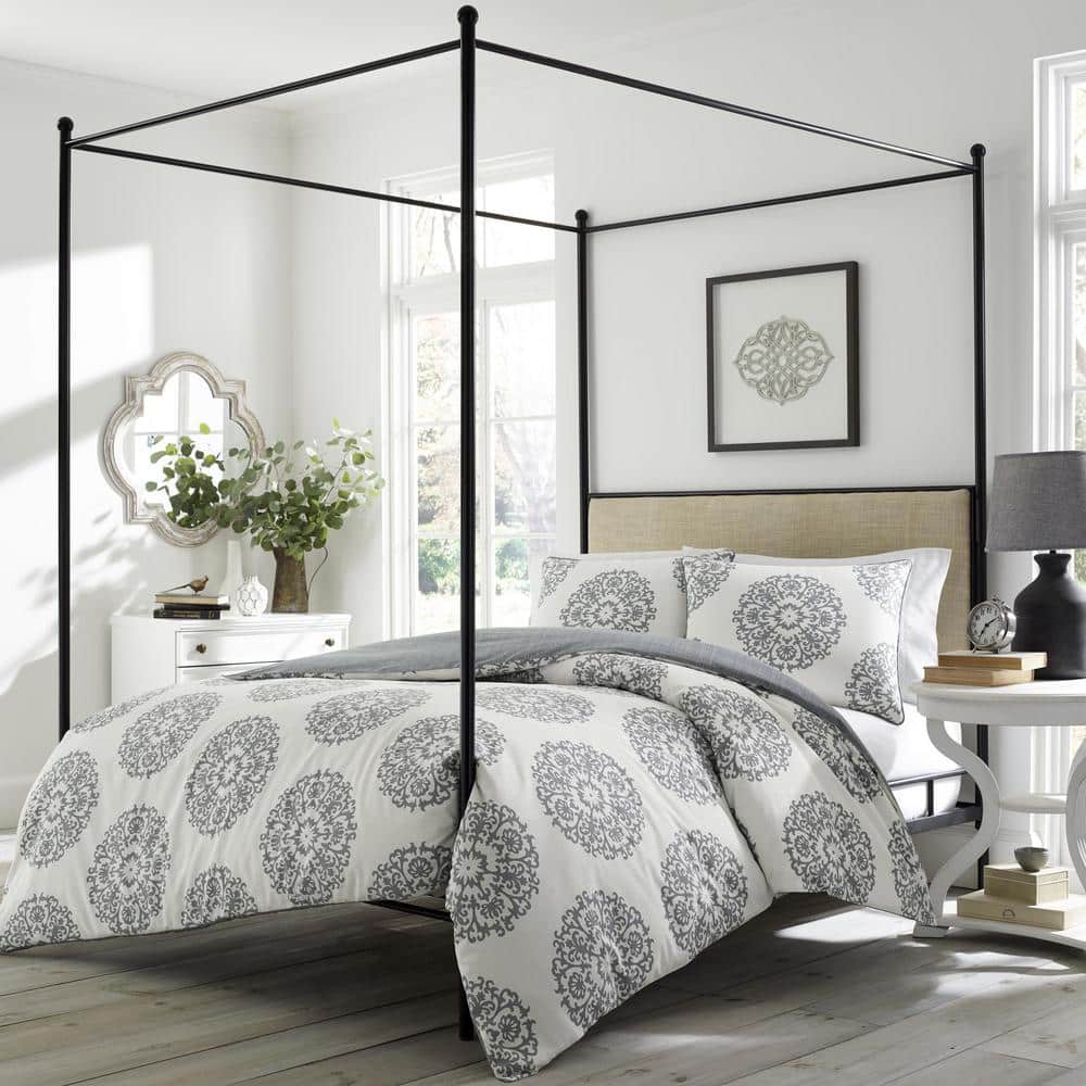 Full/Queen Gray Cotton Medallion Duvet Cover Set