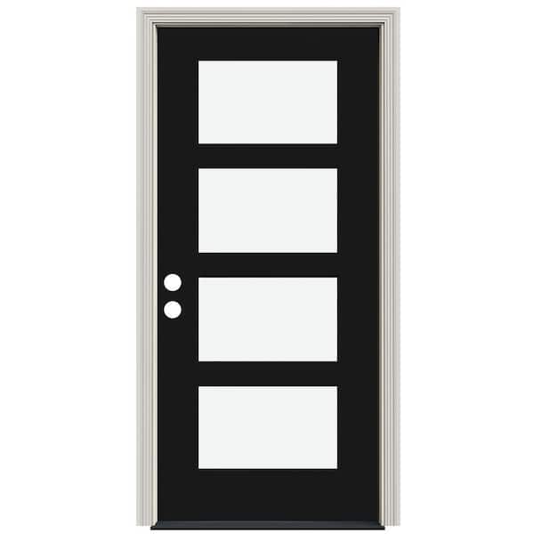 JELD-WEN Smooth Pro 36 in. x 80 in. Flush Left Hand 4 Lite Frameless Clear Black Fiberglass Prehung Front Door